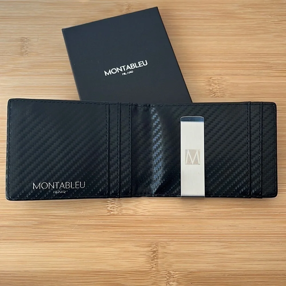 Brand New Montableu Carbon Black Slim Minimalist Wallet w/ Money Clip Executive